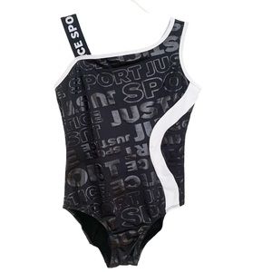 Justice Sport Girls Black White Tonal Text One Shoulder Gym Dance Leotard